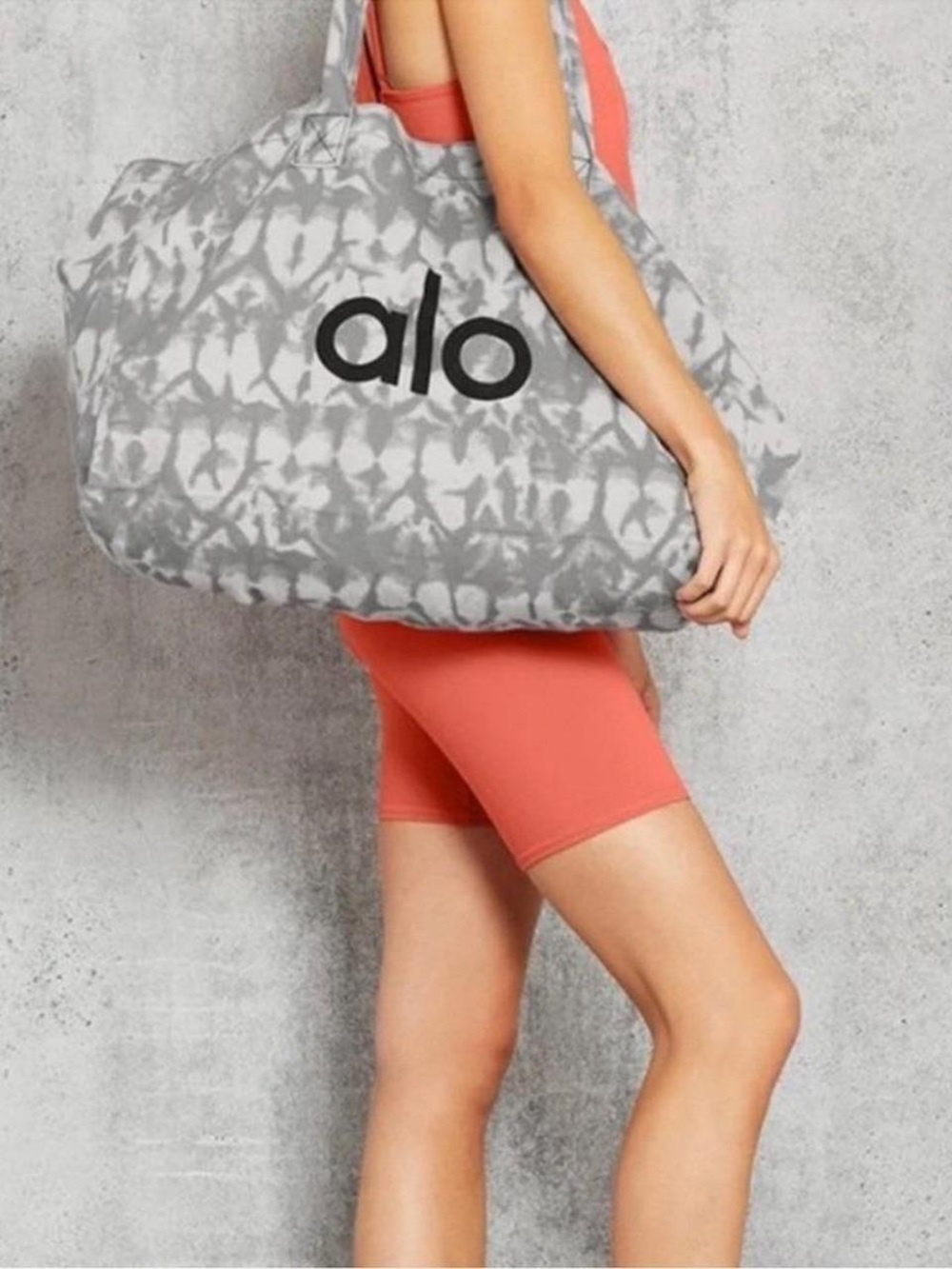 ALO Yoga Canvas Gray Tie-Dye Tote Bag with Bold Logo